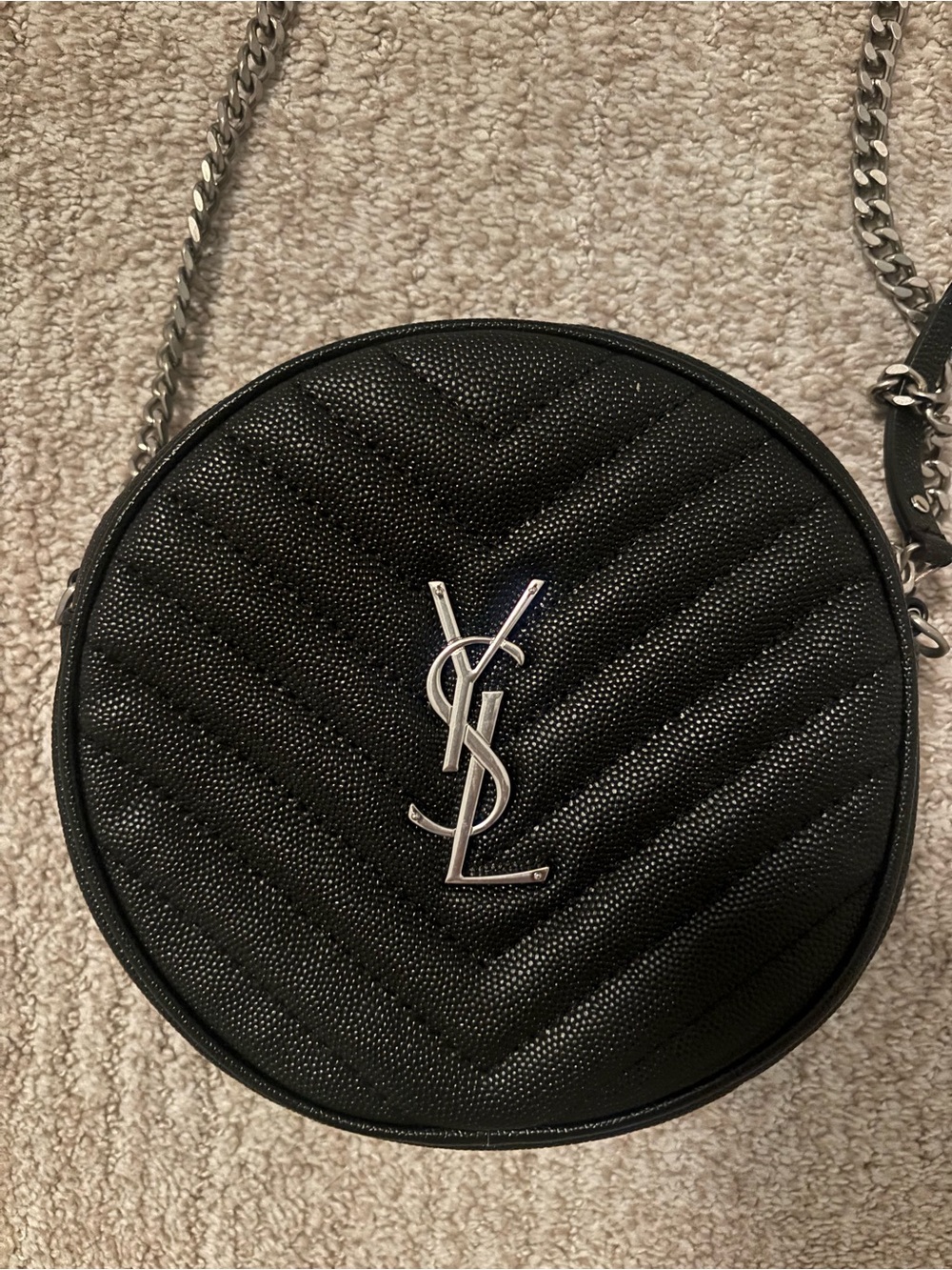 Round camera bag pebbles quilted black Crossbody with Silver chain & Logo